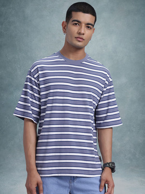 Roadster Striped Men Round Neck Blue T-Shirt