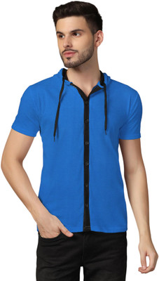 GEUM Solid Men Hooded Neck Blue T-Shirt