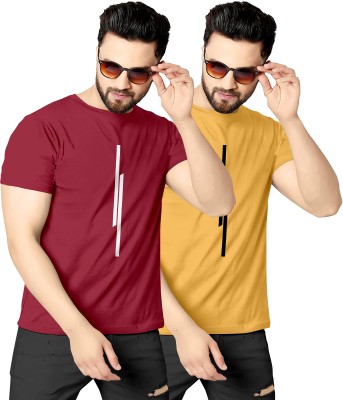 MAKEMODE Striped Men Round Neck Maroon, Yellow T-Shirt