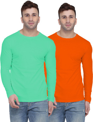 Kroptee Solid Men Round Neck Light Green, Orange T-Shirt