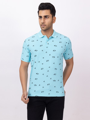 EMERALD Printed Men Polo Neck Blue T-Shirt