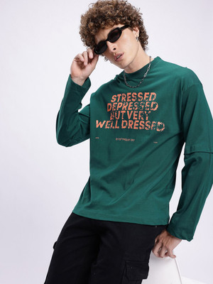 Glitchez Printed Men Round Neck Green T-Shirt