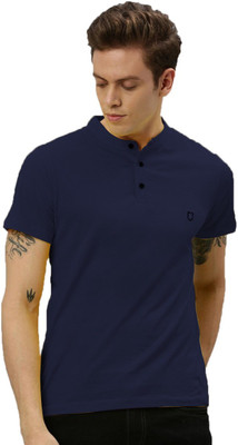 ZEDIN Solid Men Mandarin Collar Dark Blue T-Shirt