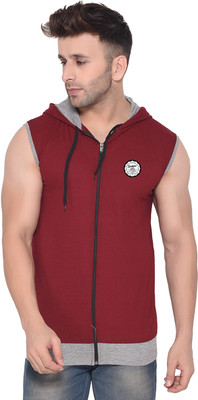 GEUM Solid Men Hooded Neck Maroon T-Shirt