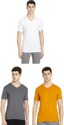 JOCKEY Solid Men V Neck Grey, Yellow, White T-Shirt