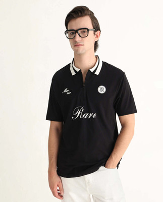 RARE RABBIT Printed Men Polo Neck Black T-Shirt