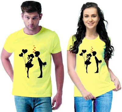 HouseOfCommon Printed Couple Round Neck Yellow T-Shirt