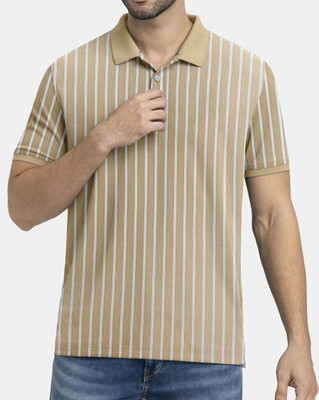 LIBJA Striped Men Polo Neck Beige, White T-Shirt