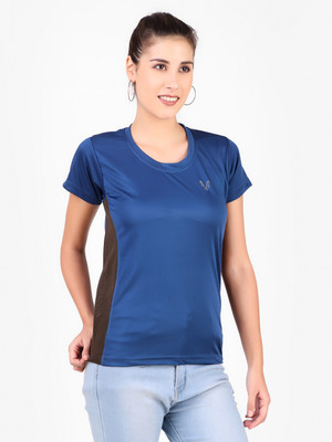 UZARUS Colorblock Women Round Neck Dark Blue T-Shirt