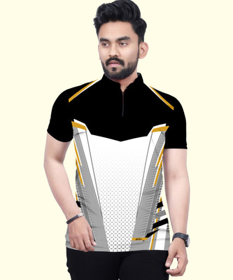 dhaari by unique creation Printed Men Mandarin Collar White, Black T-Shirt