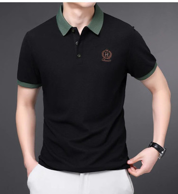 TINKUDI Embroidered Men Polo Neck Black T-Shirt