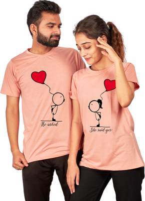 JH MART Printed Couple Round Neck Pink T-Shirt