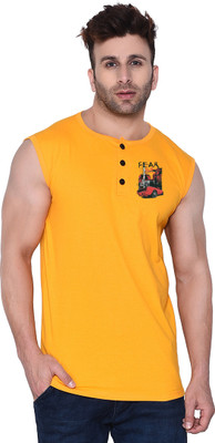 Blisstone Solid Men Henley Neck Yellow T-Shirt