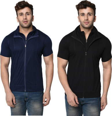 JB Jangoboy Self Design, Solid Men High Neck Dark Blue, Black T-Shirt