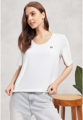 MACK JONNEY Solid Women V Neck White T-Shirt