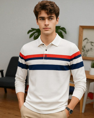 Autna Striped Men Polo Neck White T-Shirt