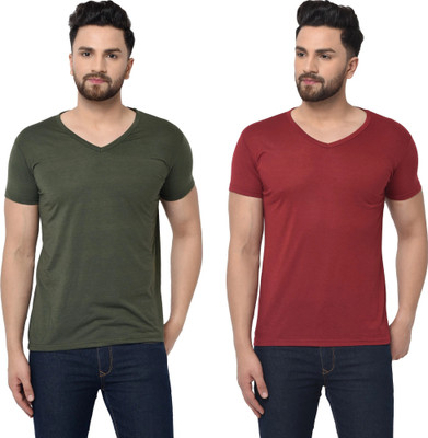 Tresna Trending Solid Men V Neck Dark Green, Maroon T-Shirt
