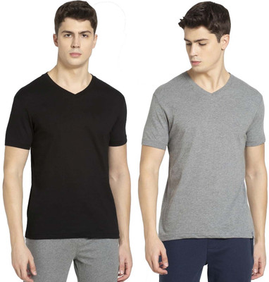 JOCKEY Solid Men V Neck Black, Grey T-Shirt