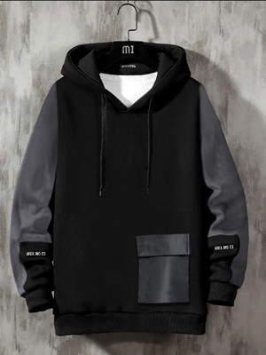 Jump Cuts Colorblock Men Hooded Neck Black, Grey T-Shirt