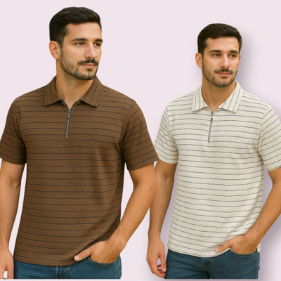 METRONAUT Striped Men Polo Neck Brown, White T-Shirt