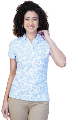 one sky Printed Women Polo Neck Blue, White T-Shirt