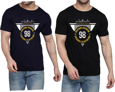WOOSTRO Printed Men Round Neck Dark Blue, Black T-Shirt