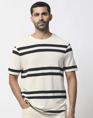 RARE RABBIT Striped Men Round Neck White T-Shirt
