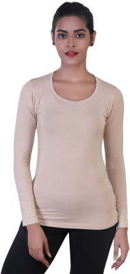 Laasa Sports Solid Women Round Neck Beige T-Shirt