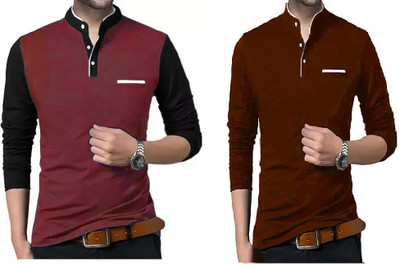 PSDESIGN Solid Men Mandarin Collar Maroon T-Shirt