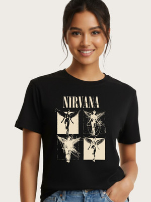 Nirva by Freaks Blr Printed, Typography Women Round Neck Black T-Shirt