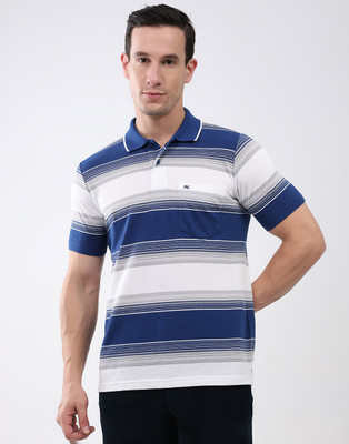 MONTE CARLO Striped Men Polo Neck Blue, White T-Shirt