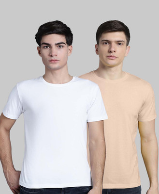 FBAR Solid Men Round Neck Beige, White T-Shirt