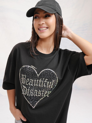 Tokyo Talkies Self Design Women Round Neck Black T-Shirt
