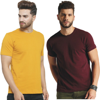 ALFA Solid Men Round Neck Yellow, Maroon T-Shirt