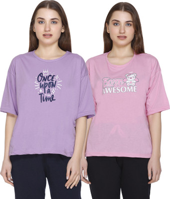 HOC Printed Women Round Neck Purple T-Shirt