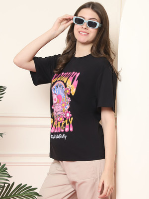 Fabflee Printed Women Round Neck Black T-Shirt