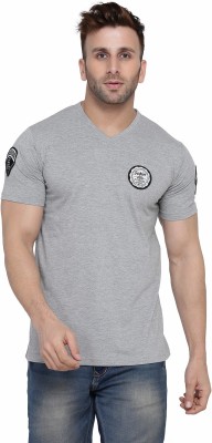 GEUM Solid Men V Neck Grey T-Shirt