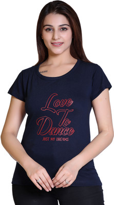 Ogarti Printed Women Round Neck Dark Blue T-Shirt