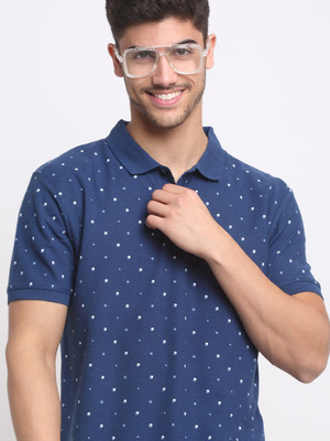 Affordable AF Printed Men Polo Neck Navy Blue T-Shirt
