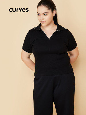 MAX Printed Women Polo Neck Black T-Shirt