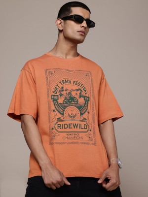 Roadster Printed Men Round Neck Orange T-Shirt