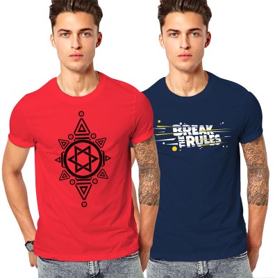 FADMARK Printed Men Round Neck Red, Dark Blue T-Shirt