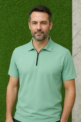 ELLNOCK Self Design Men Stylised Neck Green T-Shirt