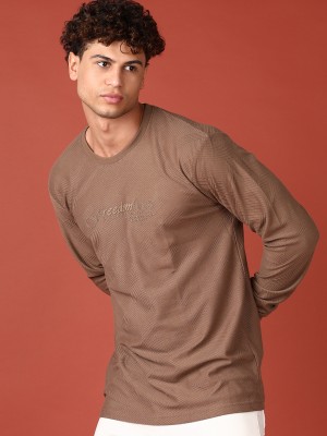 V-MART Self Design Men Round Neck Brown T-Shirt