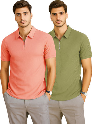 RMLKN Self Design Men Zip Neck Multicolor, Green T-Shirt