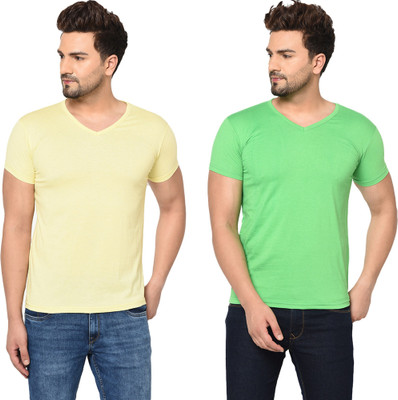 Adorbs Trend Solid Men V Neck Green, Yellow T-Shirt