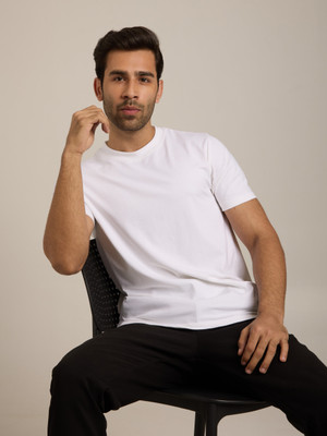 cannabie Solid Men Round Neck White T-Shirt