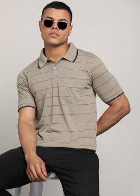 INKKR Striped Men Polo Neck Beige T-Shirt