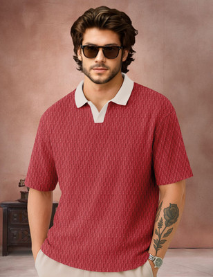 Force Solid, Self Design Men Polo Neck Red T-Shirt