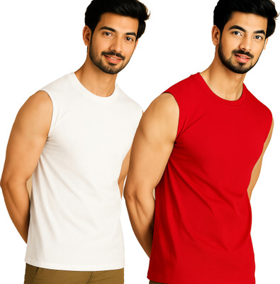 Jangoboy Solid Men Round Neck White, Red T-Shirt